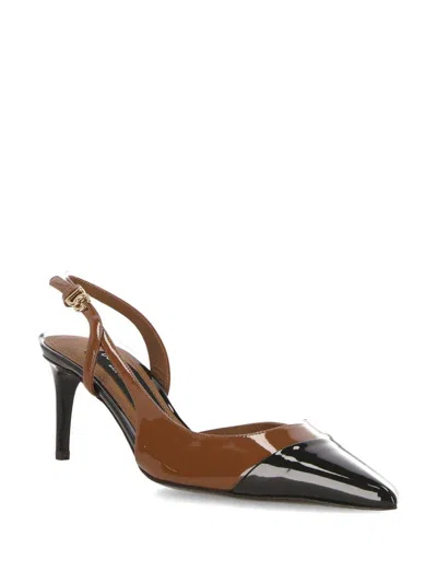 Shop Dolce & Gabbana Brown Slingback Pumps With Contrasting Toe In Shiny Leather Woman