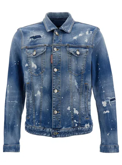 Shop Dsquared2 'dan' Light Blue Jacket With Rips And Paint Stains In Stretch Denim Man In 470