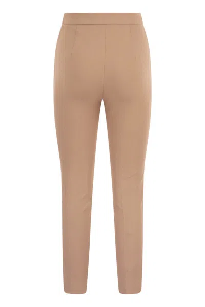 Shop Elisabetta Franchi Straight Crepe Trousers With Logo Plaques In Nude