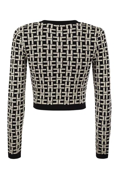 Shop Elisabetta Franchi Viscose Jacquard Mini Cardigan In Black/butter