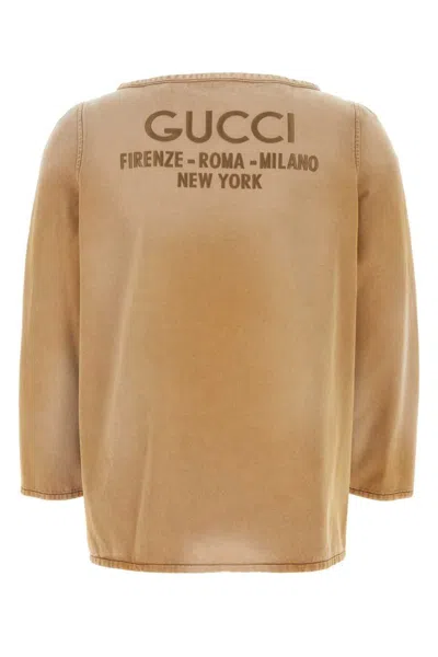 Shop Gucci Logo Denim Cotton Top In Beige O Tan
