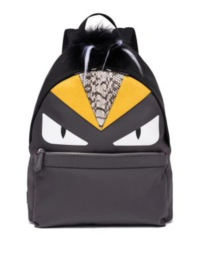 Fendi Monster Backpack W/watersnake & Fur Details, Gray In F06hu Blu+nr+bco+yellow+pall