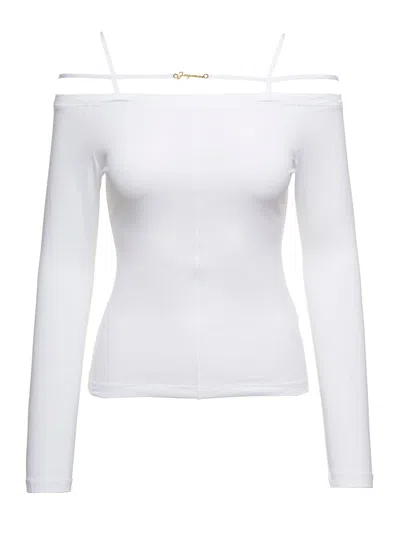 Shop Jacquemus Sierra White Long-sleeve Top With Logo Detail In Jersey Woman In Bianco