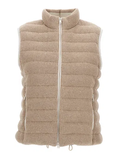 Shop Brunello Cucinelli Beige Sequined Padded Gilet In Cotton Blend Woman