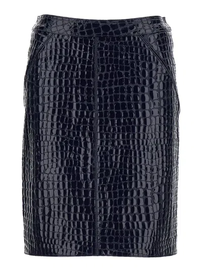 Shop Tom Ford Glossy Croco Embossed Goat Leather Skirt In Blu