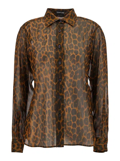 Shop Tom Ford Laminated Leopard Printed Georgette Shirt In Brown