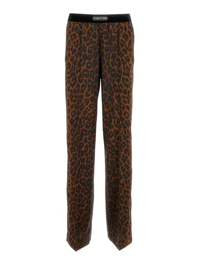 Shop Tom Ford Reflected Leopard Print On Stretch Silk Satin Pj Pants In Brown