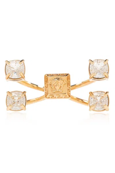 Shop Versace Medusa Embellished Two-finger Ring In Gold Crystal