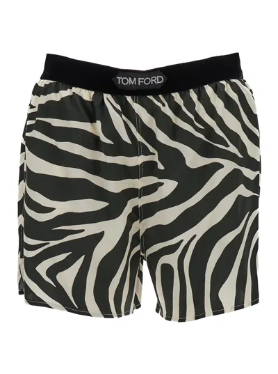 Shop Tom Ford Optical Zebra Print On Stretch Silk Satin Pj Shorts In White/black