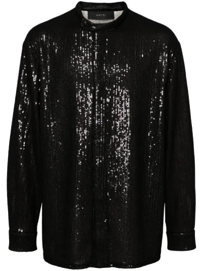 Shop Amiri Men O/s Tab Collar Covered Sequin Shirt In Black