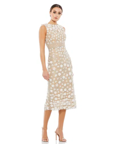 Shop Mac Duggal Floral Applique Sleeveless Midi Dress In Ivory Nude