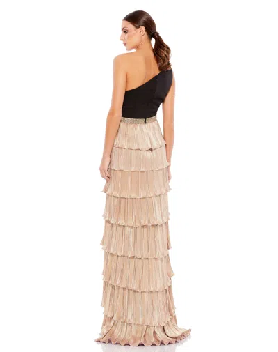 Ieena For Mac Duggal One Shoulder Layered Metallic Ruffle Gown In Black Gold