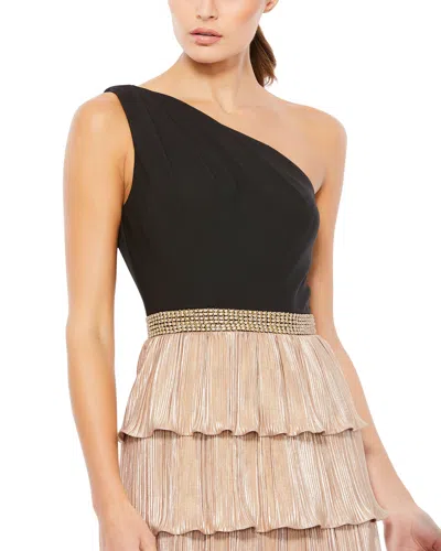 Ieena For Mac Duggal One Shoulder Layered Metallic Ruffle Gown In Black Gold