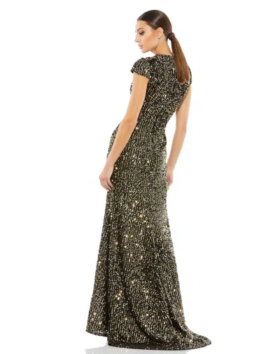 Mac Duggal Sequined Cap Sleeve High Neck Gown In Black Gold