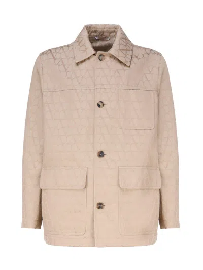 Shop Valentino Buttoned Long-sleeved Jacket In Beige
