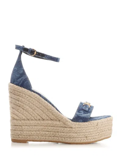 Shop Versace Straw Wedge Sandals In Blue