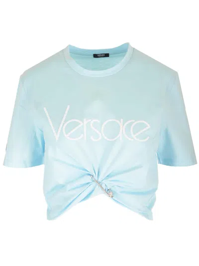 Shop Versace Safety Pin Detail Top In Blue