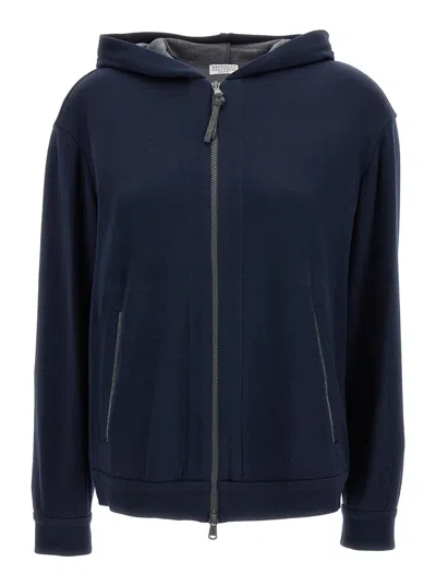 Shop Brunello Cucinelli Blue Hooded Sweatshirt In Cotton Blend Woman