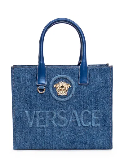 Shop Versace Shopping Bag Small La Medusa In Navy Blue-oro