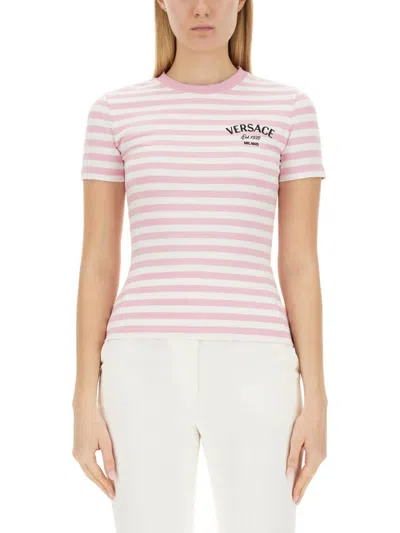 Shop Versace Nautical Stripe T-shirt In Pink/white