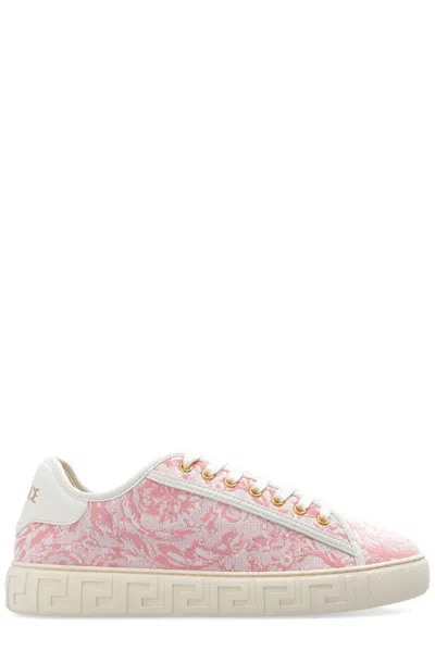 Shop Versace Barocco Greca Lace-up Sneakers In Pale Pink Off White