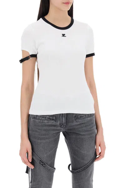 Shop Courrèges Courreges Leather Strap T-shirt With Sleeve Detail. In White