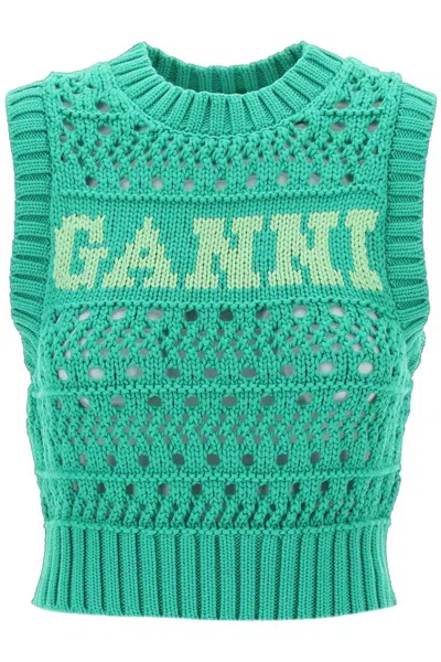 Shop Ganni Open-stitch Knitted Vest With Logo In Green