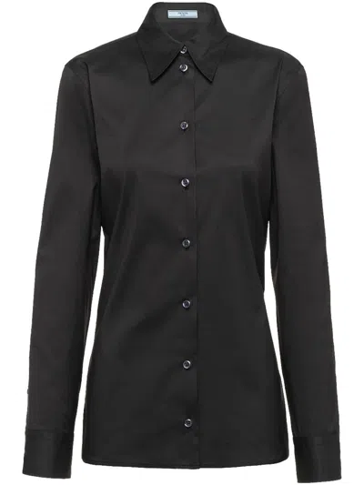 Prada Fitted Stretch Poplin Shirt With Long Sleeves In Black