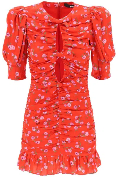 Shop Rotate Birger Christensen Rotate Floral Printed Satin Mini Dress With Ruching In Red