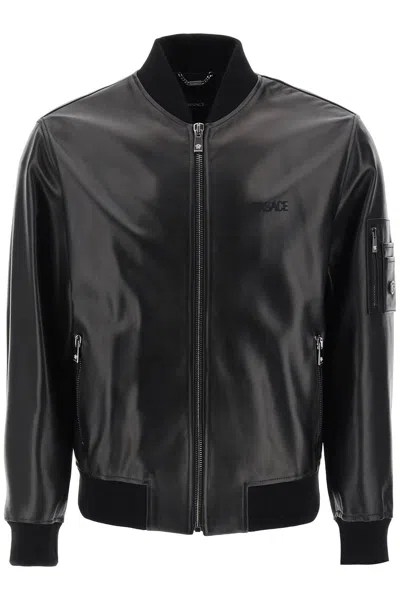 Shop Versace Leather Bomber Jacket In Black (black)