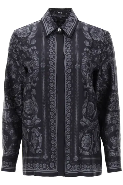Shop Versace Barocco Shirt In Crepe De Chine In Black (grey)