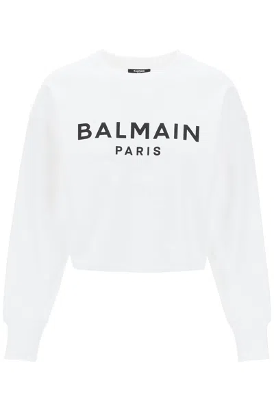 Shop Balmain Cropped Sweatshirt With Flocked Logo In Blanc Noir (white)