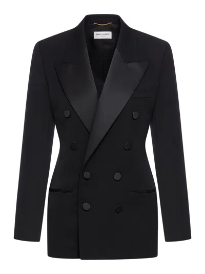 Shop Saint Laurent Double-breasted Long-sleeved Jacket In Black