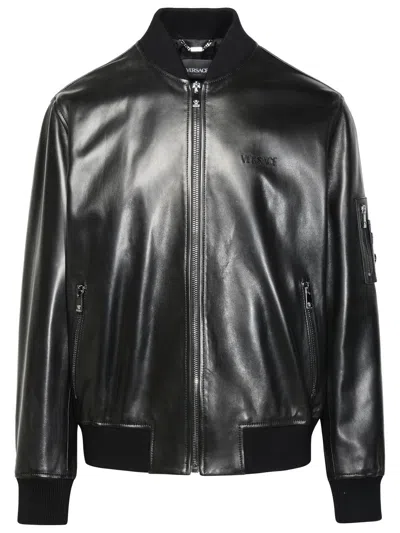 Shop Versace Black Leather Bomber Jacket