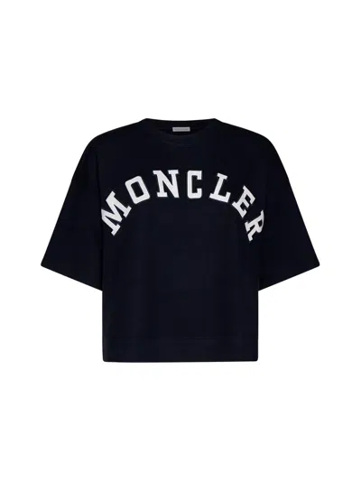 Shop Moncler Logo Printed Cropped T-shirt In Blue