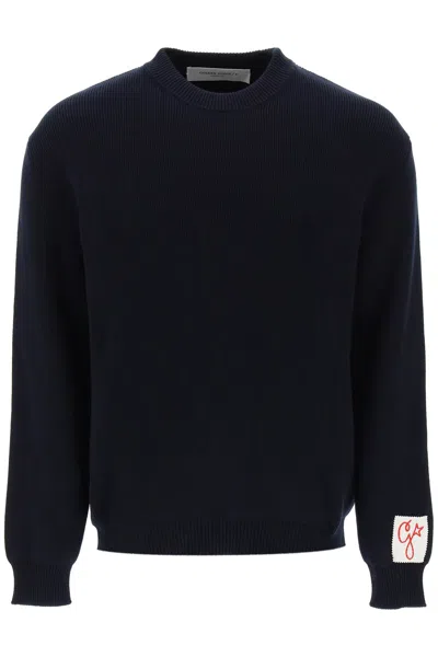 Shop Golden Goose Davis Cotton Sweater With Logo In Dark Blue (blue)