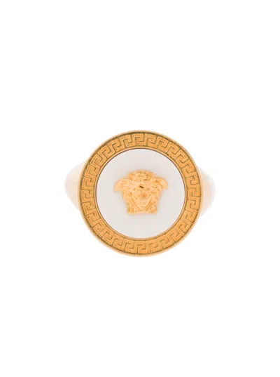 Shop Versace Gold-colored Ring With Medusa Detail And Greca Motif In Metal Man In Giallo