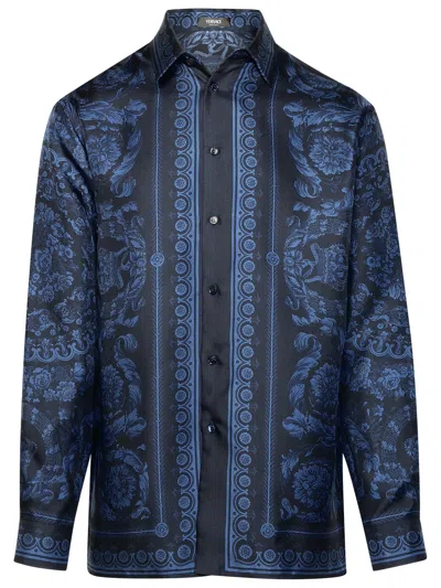 Shop Versace Barocco Blue Silk Shirt In Navy