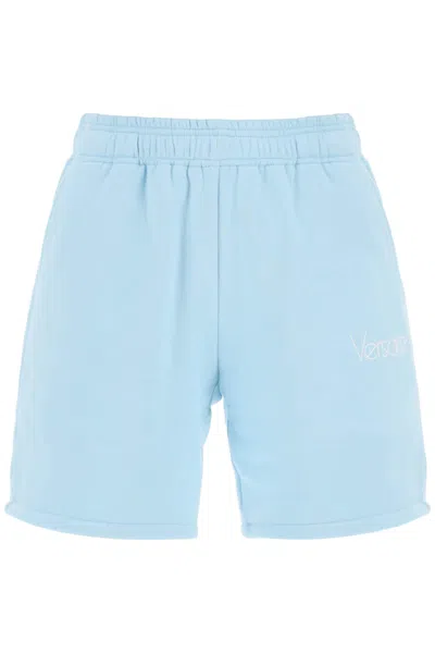 Shop Versace Sweatshorts With 1978 Re-edition Logo In Pale Blue Bianco (light Blue)