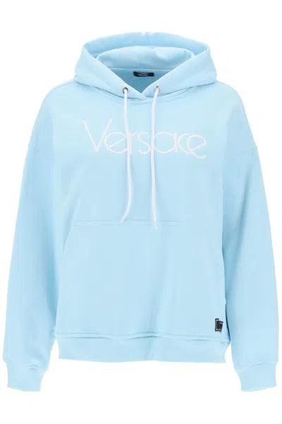 Shop Versace Hoodie With 1978 Re-edition Logo In Pale Blue Bianco (light Blue)