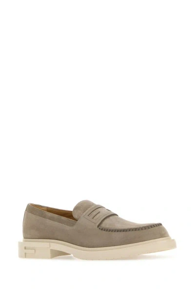 Shop Fendi Man Dove Grey Suede Frame Loafers In Gray