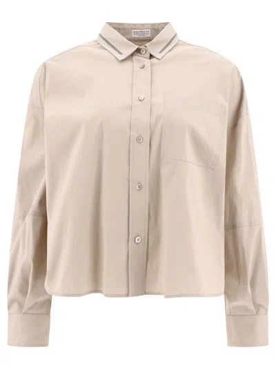 Shop Brunello Cucinelli Poplin Shirt With Shiny Collar Trim