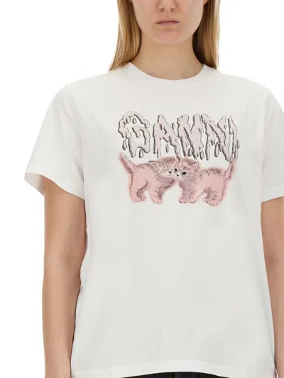 Shop Ganni Cats Print T-shirt In White