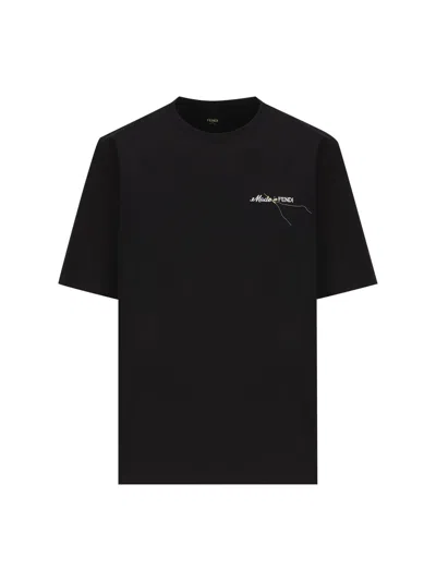 Shop Fendi Logo Embroidered Crewneck T-shirt In Black