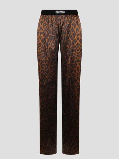 Shop Tom Ford Reflected Leopard Print Silk Satin Signature Pj Pants In Brown