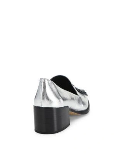 Shop Rebecca Minkoff Edie Tassel Metallic Leather Block-heel Oxfords In Silver