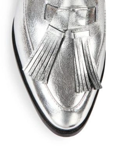 Shop Rebecca Minkoff Edie Tassel Metallic Leather Block-heel Oxfords In Silver