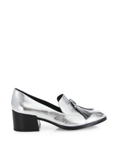 Shop Rebecca Minkoff Edie Tassel Metallic Leather Block-heel Oxfords In Silver