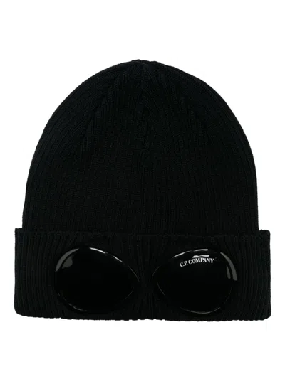 Shop C.p. Company Goggles-detail Ribbed Beanie In Black