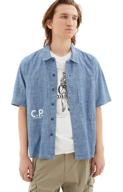 Shop C.p. Company Chambray Short Sleeved Logo Shirt In Stone Bleac